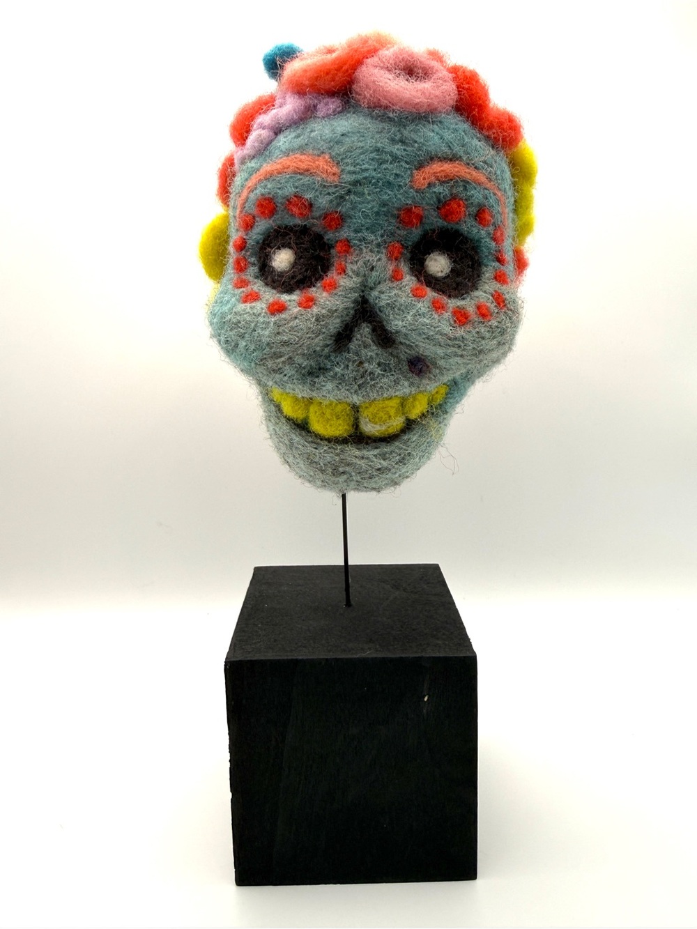 Wool Needle Felted Dia De los Muertos Teal Sugar Skull Calavera Sculpture Art 5"